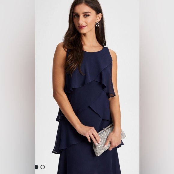 SIGNATURE TESSA Sleeveless Layered Cocktail Dress Size 14W Navy Rhinestone Party - Picture 2 of 14